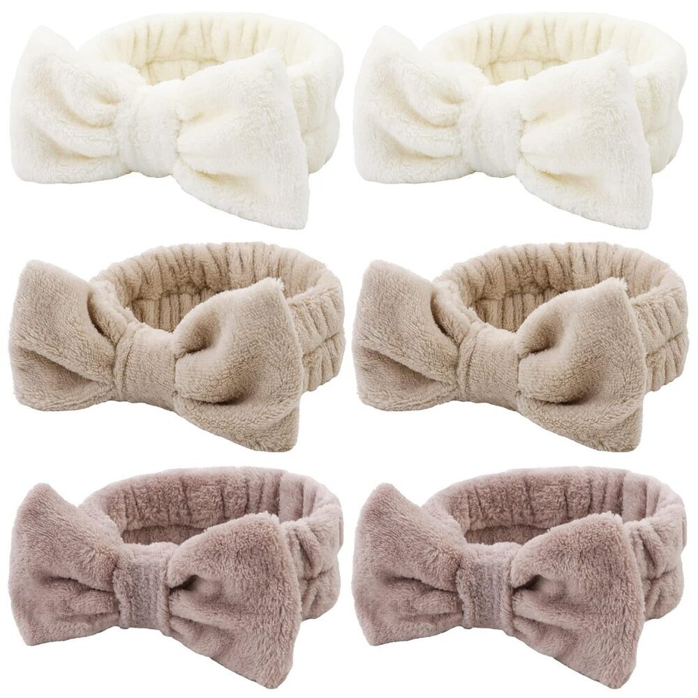 6 Pack Spa Makeup and Facial Microfiber Bow Headbands - Fluffy Hair Bands for Sk